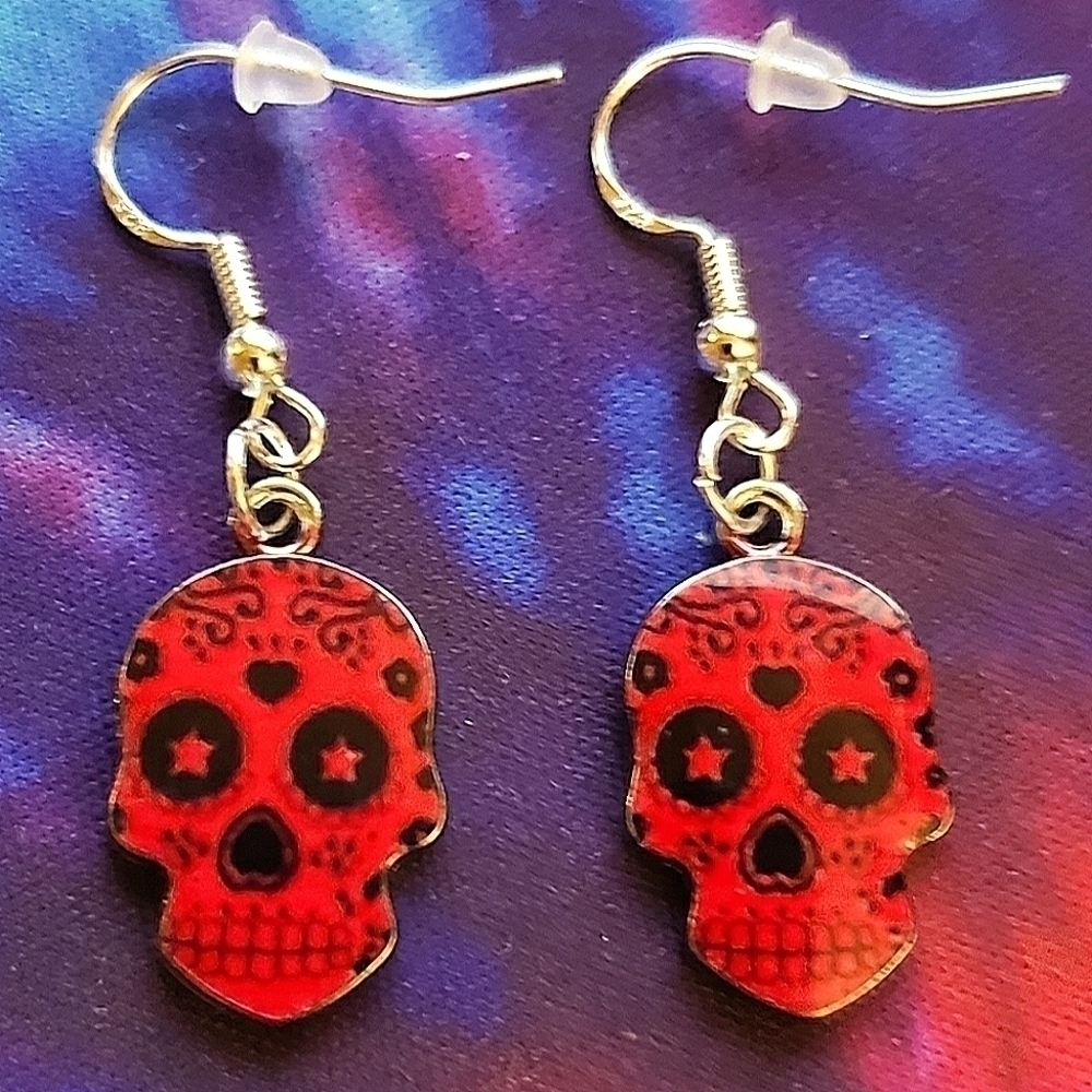 HALLOWEEN Red and Black Candy skull Day of the Dead earrings